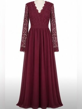 Lulus Burgundy Lace Long Sleeve Maxi Dress Open Back Formal Gown M Wedding Party